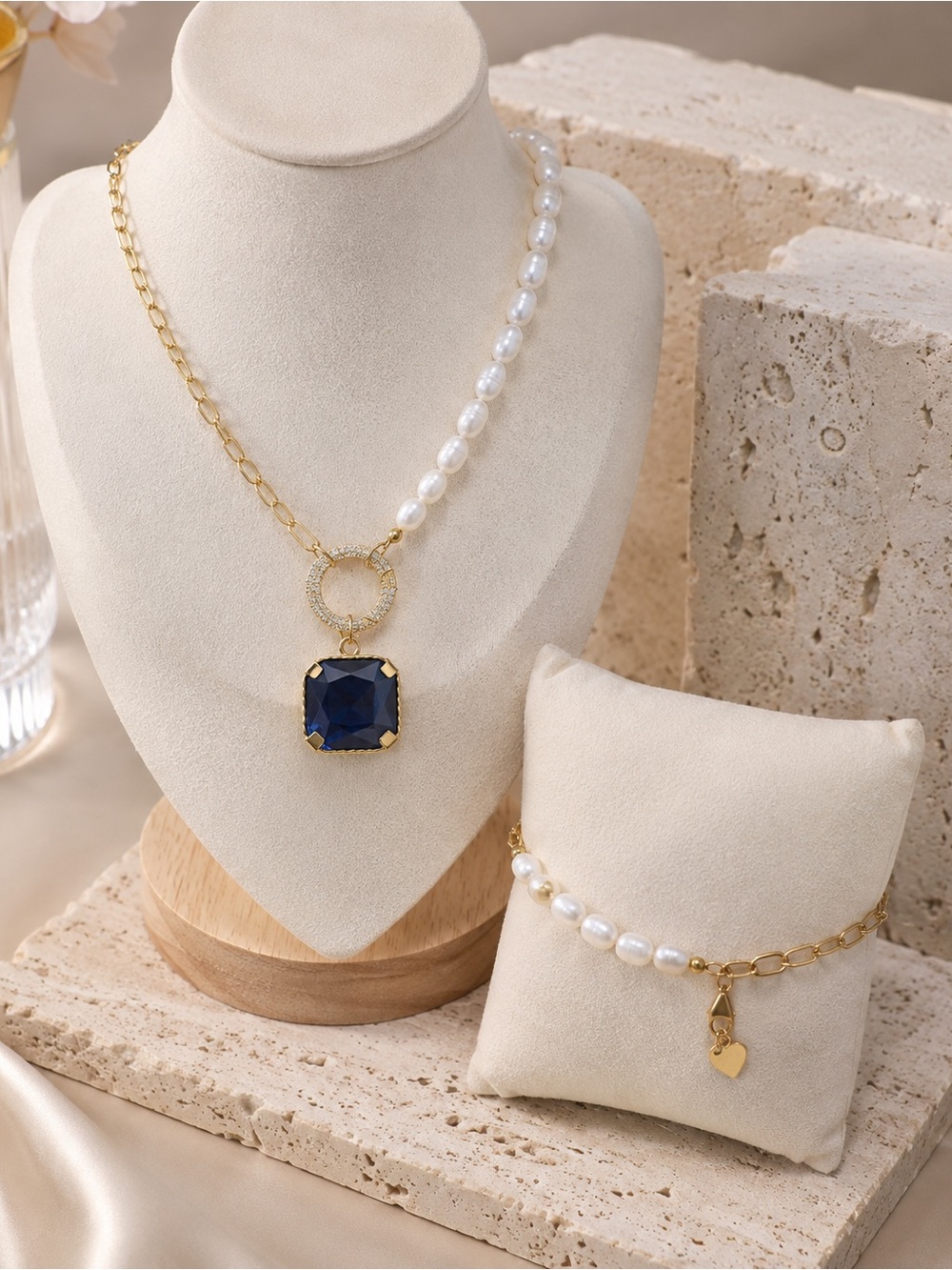 Blue Pendant Gold & Pearl Costume Jewelry Set
